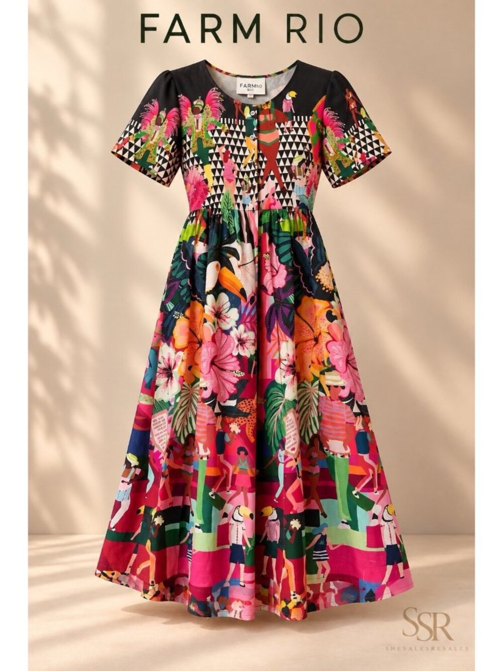 FARM Rio Tropical Toucan Floral Graphic Print Midi Dress Size Small Viscose